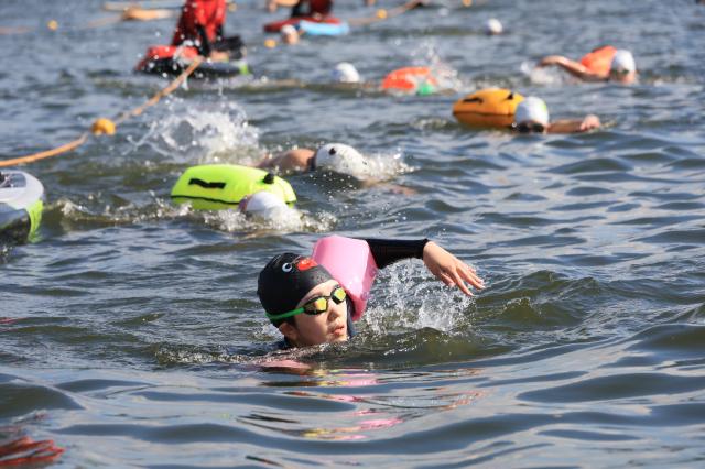 Participants swim during the 2026 My Pace Hangang Triathlon Festival held at Ttukseom and Jamsil Han River Parks in Seoul on June 5 2026 AJP Han Jun-gu