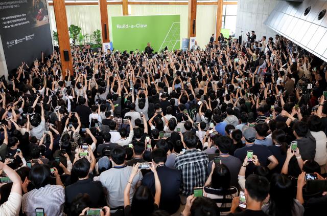 NVIDIA CEO Jensen Huang delivers a lecture to students during the Build-a-Claw event at the Haedong Advanced Engineering Building of Seoul National University in Seoul on June 8 AJP Yoo Na-hyun


