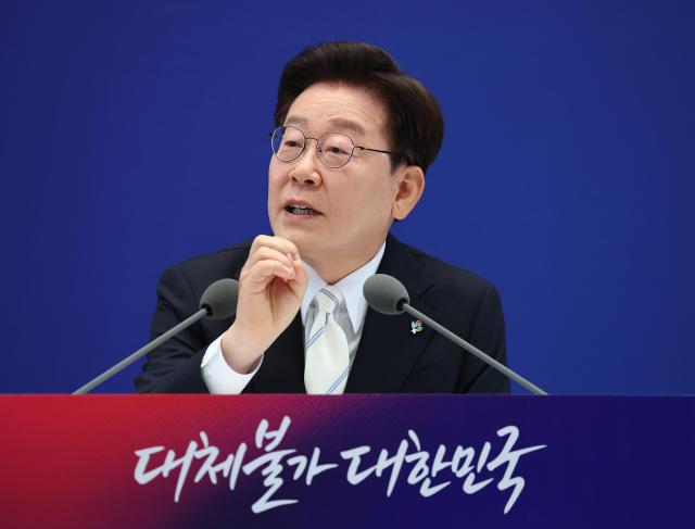 President Lee Jae Myung speaks during a press conference marking the first anniversary of his inauguration at Cheong Wa Dae in Seoul on June 8 2026 Yonhap