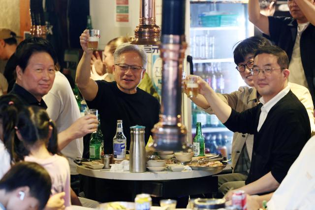 Jensen Huang with Chey Tae-won, Koo Kwang-mo, and Lee Hae-jin