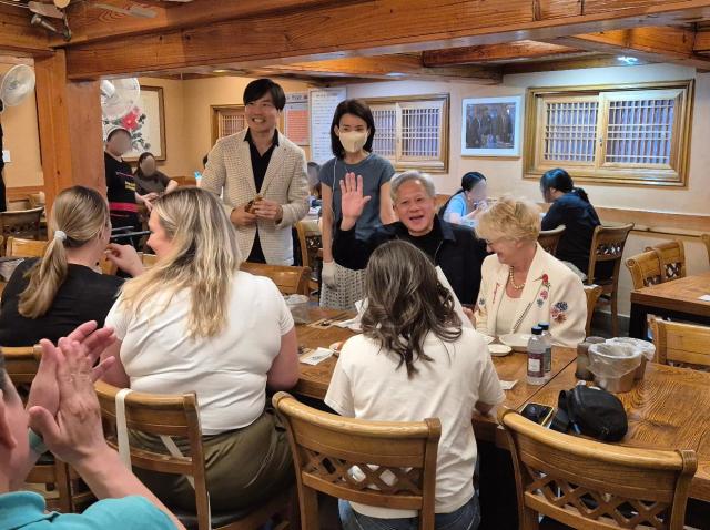 Nvidia CEO Jensen Huang is seen at Tosokchon a popular samgyetang restaurant in Seoul on June 7 2026 Yonhap