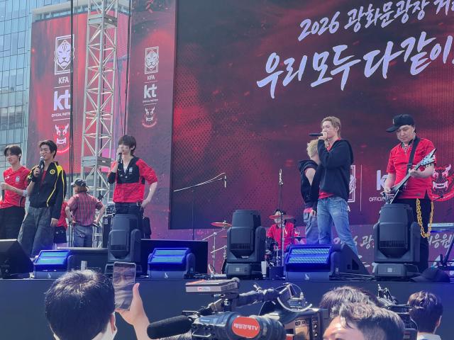 K-pop band CORTIS performing at an outdoor stage at Gwanghwamun as a curtain-raiser for the World Cup 2026 opening game between Korea and Czechia on June 12 2026 
AJP Joonha Yoo