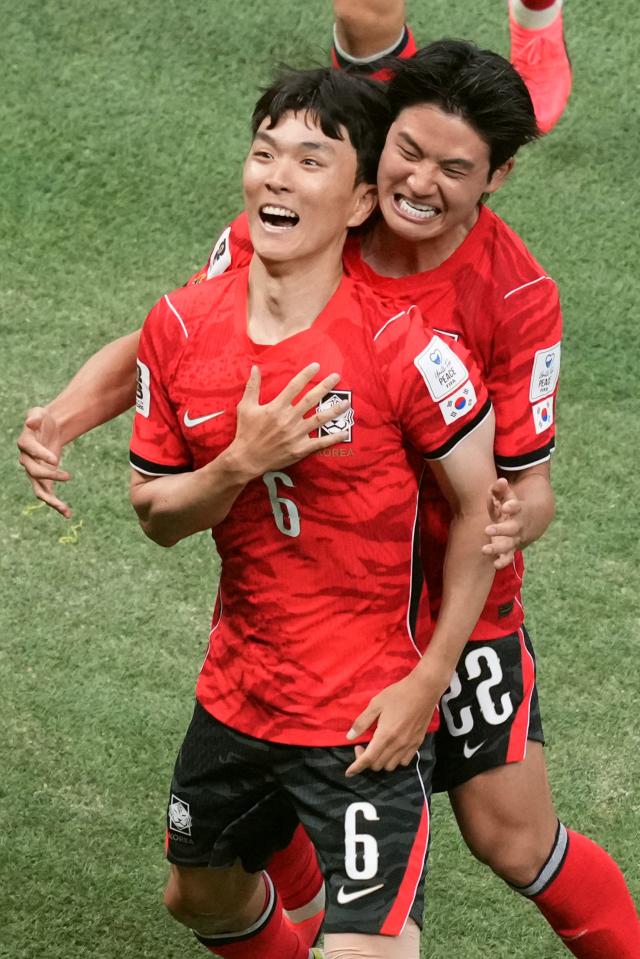 South Koreas Hwang In-beom left celebrates with South Koreas Seol Young-woo after scoring their first goal during the World Cup Group A soccer match between South Korea and Czechia in Zapopan near Guadalajara Mexico Thursday June 11 2026 APYonhap