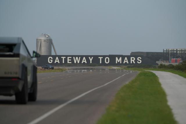 A sign at SpaceXs launchpad ahead of the companys initial public offering IPO in Starbase Texas US on May 18 2026 Reuters-Yonhap