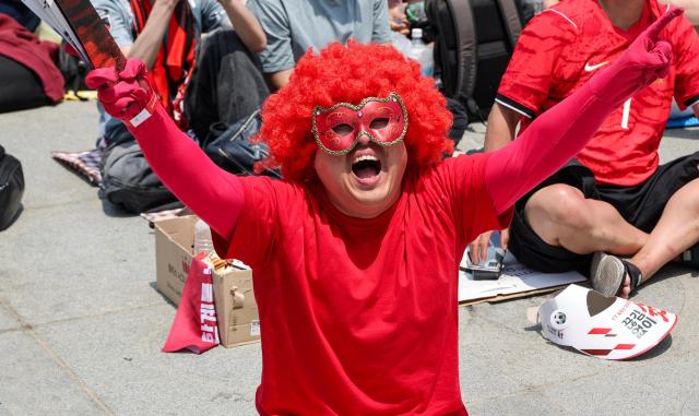 Supporters cheer while watching South Koreas Group A match against the Czechia Republic during a public viewing event for the 2026 FIFA World Cup at Gwanghwamun Square in Seoul on June 12 AJP Yoo Na-hyun


