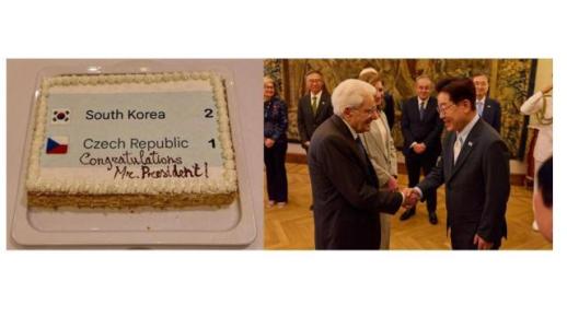 President Lee Receives Cake Celebrating Koreas World Cup Victory Ahead of Vatican Visit