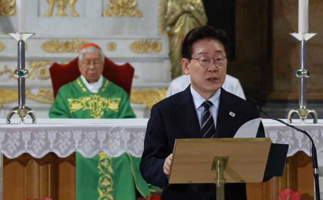 President Lee Jae Myung delivers a commemorative address during a special Mass for Peace and Solidarity celebrated by Cardinal Lazzaro You Heung-sik at the Basilica of Saint Paul Outside the Walls in Rome Italy on June 14 2026 Yonhap