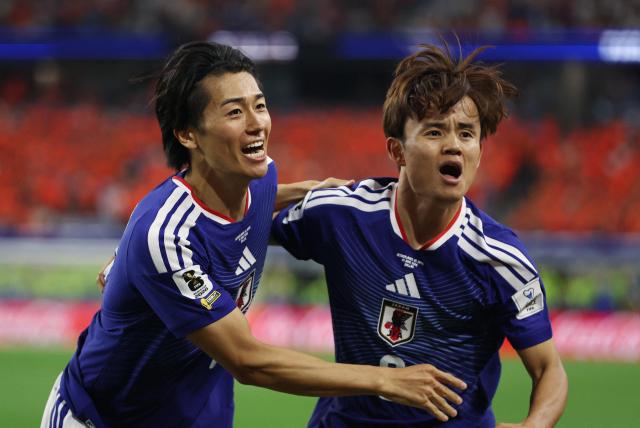 Japans Keito Nakamura L celebrates with Takefusa Kubo after scoring an equalizer during a match between Japan and the Netherlands at Dallas Stadium in Arlington Texas on June 14 2026 ReutersYonhap