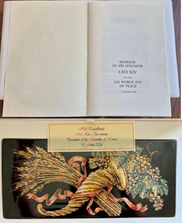 This image released by the Cheong Wa Dae on June 16 2026 shows gifts prepared by Pope Leo XIV for South Korean President Lee Jae Myung The gifts included Pope Leo XIVs Message for the 59th World Day of Peace a book on the Apostolic Palace and a ceramic cornucopia symbolizing abundance and prosperity Courtesy of Cheong Wa Dae