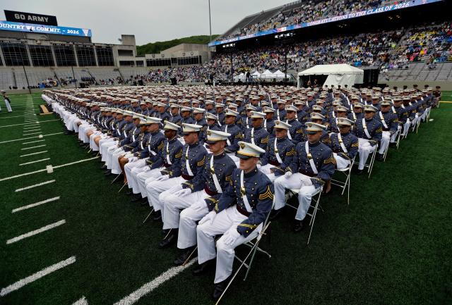 Graduating Cadets wait for United States Secretary of Defense Pete Hegseth to deliver the graduation address at the West Point Class of 2026s commencement ceremony in Michie Stadium at the United States Military Academy in West Point New York on May 23 2026 UPI-Yonhap