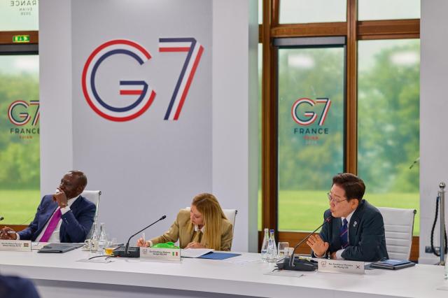 South Korean President Lee Jae Myung speaks during an expanded session of the Group of Seven G7 Summit in Evian-les-Bains France on June 16 2026 local time Yonhap 