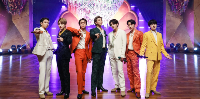 This photo provided by BIGHIT Music show K-pop supergroup BTS before performing their track Dynamite at the Grammy Award