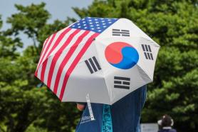 Seoul protester stands firm under flag umbrella