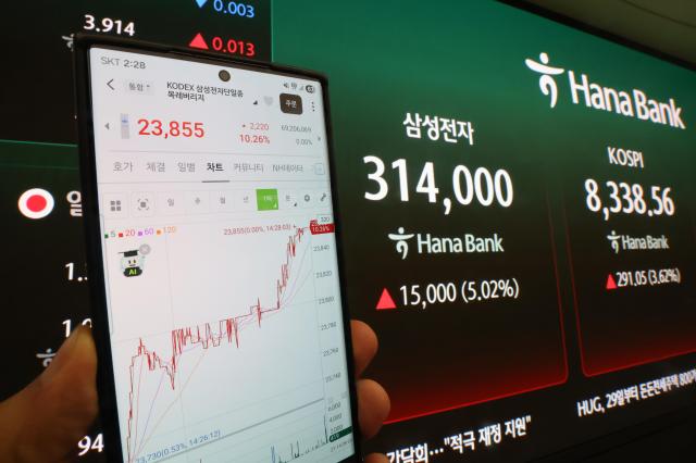 Screens displaying single-stock leveraged ETFs tracking Samsung Electronics and SK hynix are shown on May 27 2026 Yonhap