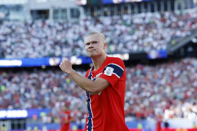 Norways Erling Haaland celebrates after scoring during a Group I match against Iraq at Boston Stadium in Foxborough Massachusetts on June 16 2026 EPAYonhap