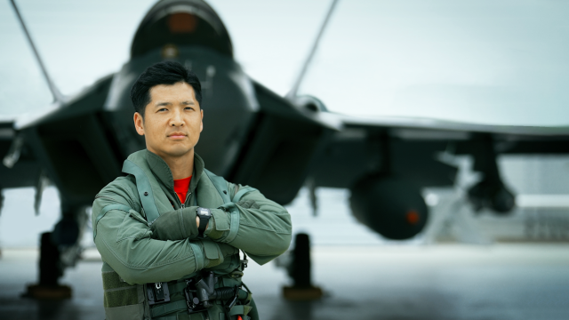 Major Song Min-seok poses in front of the KF-21 on April 22, 2026. [Photo=Air Force Headquarters]