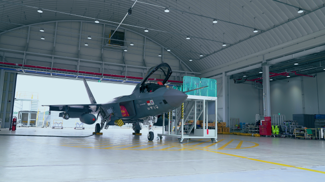 The Korean fighter jet KF-21 Boramae is displayed in a hangar on April 22, 2026. [Photo=Air Force Headquarters]