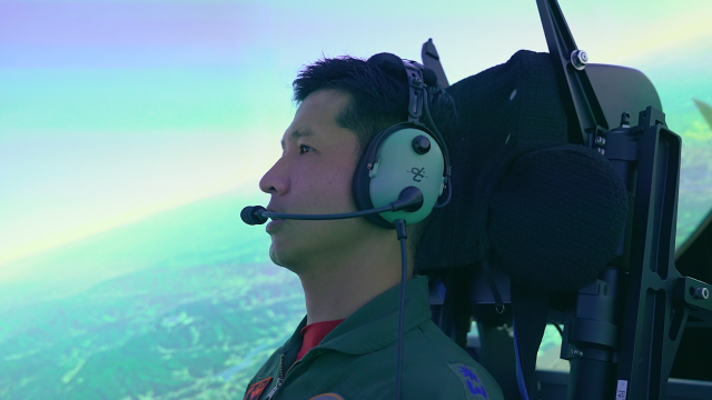 Major Song Min-seok sits in a flight simulator on April 22, 2026. [Photo=Air Force Headquarters]