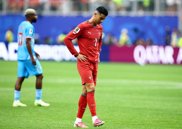 Portugals Cristiano Ronaldo lowers his head during a Group K match against DR Congo at Houston Stadium in Houston Texas on June 17 2026 ReutersYonhap