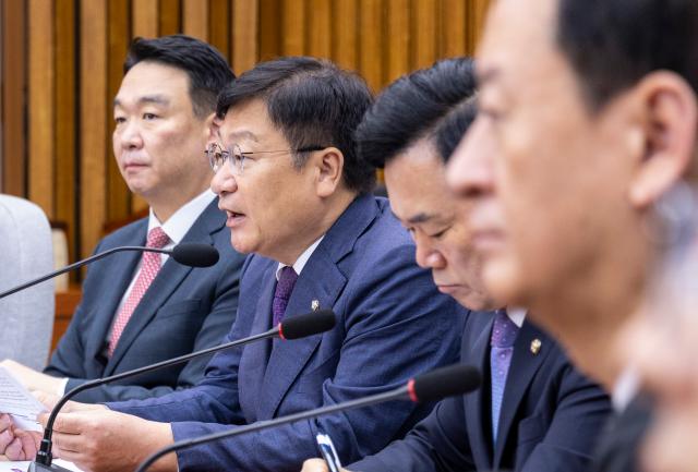 정점식 국민의힘 원내대표가 19일 국회에서 열린 원내대책회의에서 발언하고 있다 사진연합뉴스