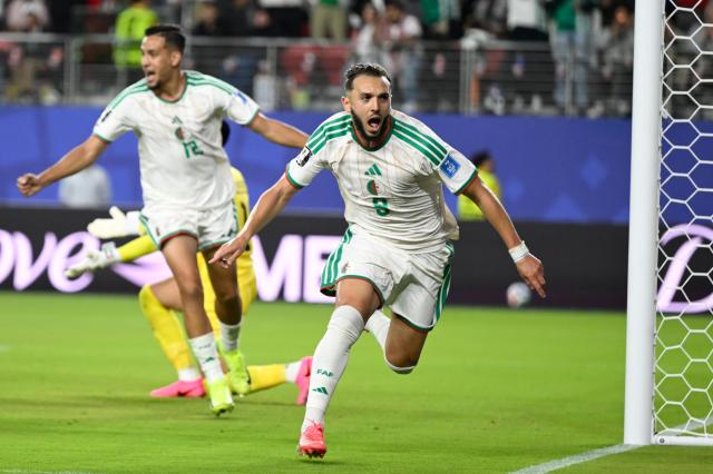 Algerias Amine Gouiri celebrates after scoring the winning goal during a Group J match against Jordan at San Francisco Bay Area Stadium in Santa Clara California on June 22 2026 APYonhap