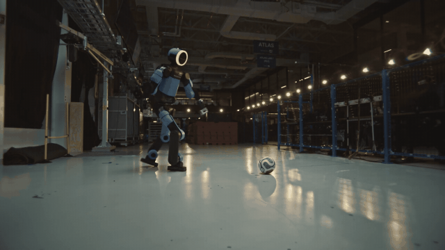 A humanoid robot takes part in a soccer demonstration illustrating advances in balance mobility and machine intelligence Courtesy of Hyundai Motor Group