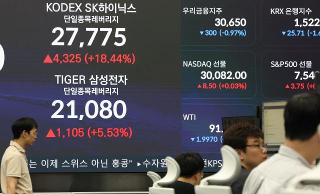 Electronic display boards at the trading room of Woori Bank headquarters in central Seoul show the closing prices of single-stock leveraged exchange-traded funds tied to Samsung Electronics and SK hynix on May 27 2026 Yonhap