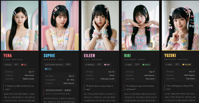 This photo captured from the official webpage of ai generated girl group SweeTeezs agency MyBlin9 show information regarding the members 