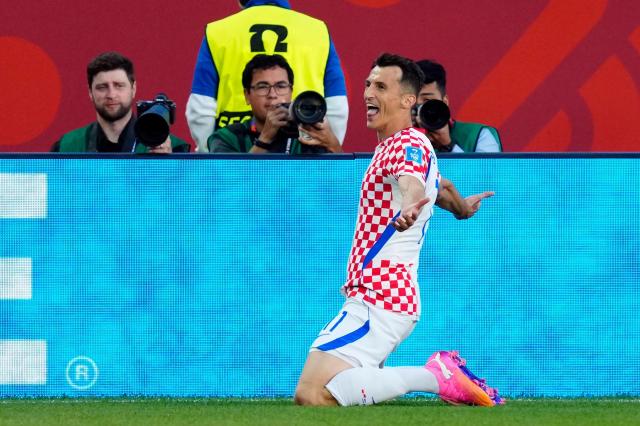 Croatias Ante Budimir celebrates after scoring during a Group L match against Panama at Toronto Stadium in Toronto Canada on June 23 2026 APYonhap