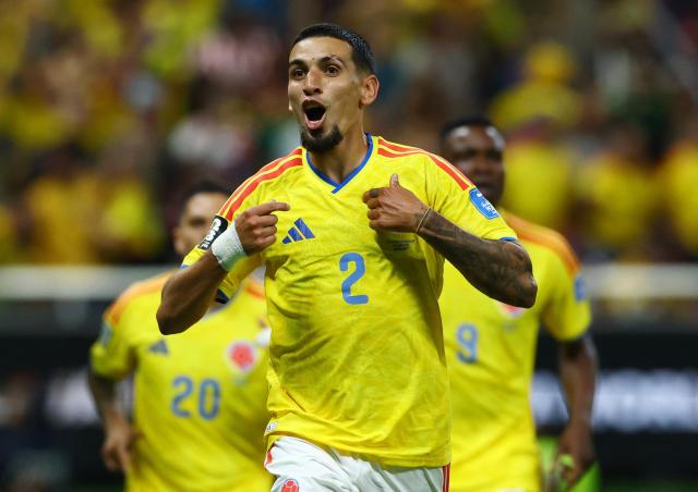 Colombias Daniel Munoz celebrates after scoring during a Group K match against DR Congo at Guadalajara Stadium in Zapopan Mexico on June 23 2026 ReutersYonhap