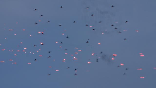A swarm of low-flying drones is intercepted by a barrage of fire from Vulcan antiaircraft guns during the South Korean Air Force’s first counter-drone swarm exercise at a training range on the west coast on June 23 2026 Courtesy of the South Korean Air Force