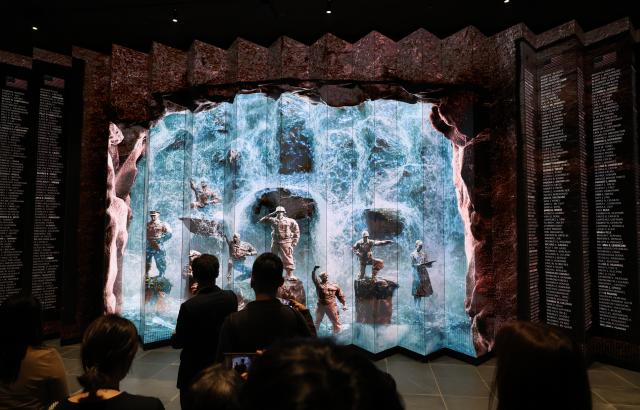 An installation is seen in the underground exhibition space of a memorial garden at Gwanghwamun Square in central Seoul on May 11 2026 the eve of its opening AJP Yoo Na-hyun