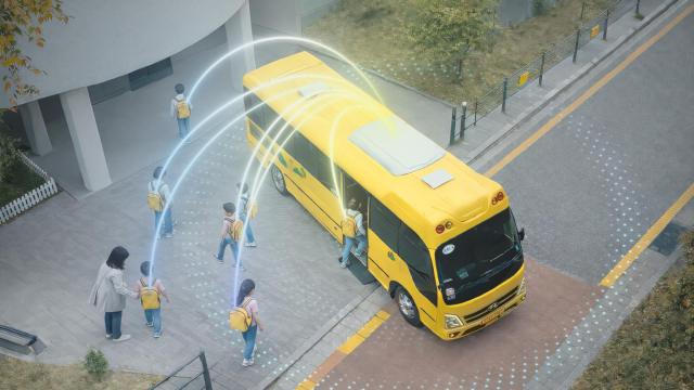 Hyundai and Kias Vision Pulse technology uses UWB signals to detect children and other road users around a school bus in real time Courtesy of Hyundai Motor and Kia