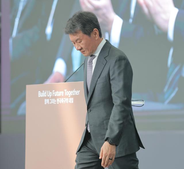 Korea Football Association President Chung Mong-gyu returns to his seat after delivering a commemorative speech at the official opening ceremony of Korea Football Park in Cheonan South Chungcheong Province on April 7 2026 Yonhap