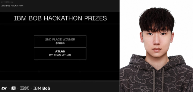 This file image shows the results page of the IBM hackerthon event right and KMU student Kim Chang-joon left Courtesy of Kookmin University
