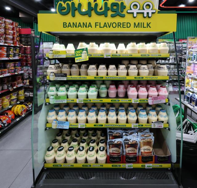 Banana-flavored milk is displayed near the checkout counter at a convenience store in Myeong-dong central Seoul on June 29 2026 AJP Yoo Na-hyun
