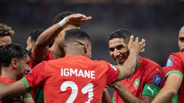 Moroccan soccer team players celebrate a goal during a match against Niger last year. Photo EPA-Yonhap