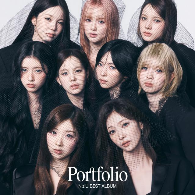 The cover art for NiziUs first Japanese greatest hits album Portfolio Courtesy of JYP Entertainment