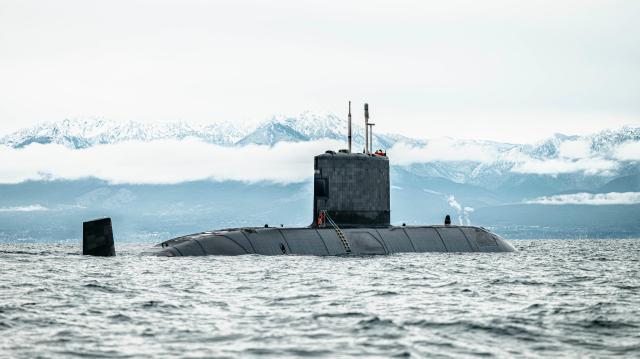 A Royal Canadian Navy Victoria-class submarine is seen at sea in this undated photo published by the Government of Canada