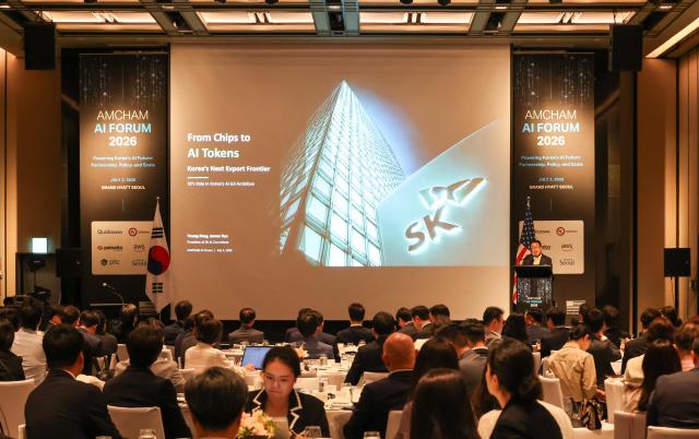 Ryu Young-sang president of the AI Committee at the SK SUPEX Council delivers the special keynote From Chips to AI Tokens Koreas Next Industrial Leap during the AMCHAM AI Forum 2026 at Grand Hyatt Seoul in Seoul on July 2 2026 AJP Yoo Na-hyun