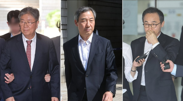 지난 5월 22일 서울 서초구 서울중앙지법에서 열린 구속 전 피의자 심문을 출석하는 김대기 전 대통령 비서실장맨 왼쪽과 마치고 나오는 윤재순 전 총무비서관가운데 김오진 전 관리비서관의 모습 사진연합뉴스