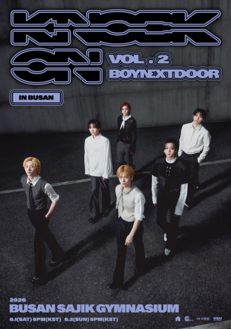 A poster for BOYNEXTDOORs upcoming Busan concerts set for Aug 1-2 at Sajik Indoor Gymnasium is seen in this image provided by KOZ Entertainment