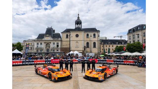 Genesis Magma Racings No 17 and No 19 GMR-001 hypercars are displayed with drivers in downtown Le Mans ahead of the 24 Hours of Le Mans Courtesy of Hyundai Motor Group