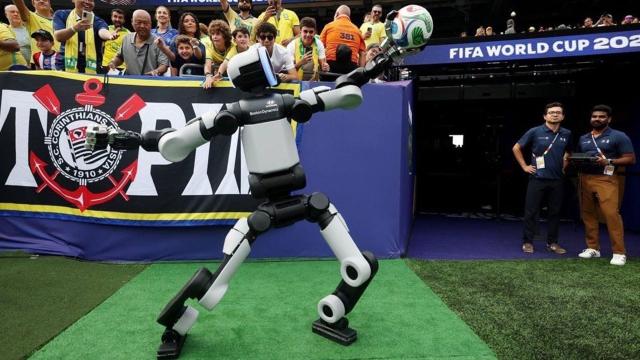 Atlas, Hyundai Motor Group's humanoid robot, during halftime of the 2026 FIFA World Cup Round of 16 match at MetLife Stadium in East Rutherford, New Jersey, on July 5, 2026. Photo courtesy of Hyundai Motor Group.