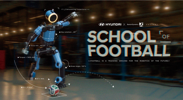 Hyundai Motor Group and Boston Dynamics present School of Football a robotics campaign showing the humanoid robot Atlas training with a football Photo courtesy of Hyundai Motor Group