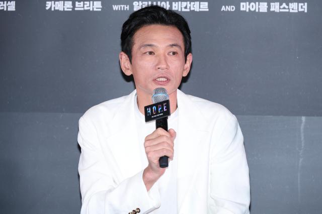 Actor Hwang Jung-min speaks during a press screening and press conference for the film Hope at COEX in Seoul on July 6 2026 AJP Yoo Na-hyun