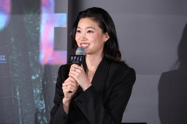 Actress Jung Ho-yeon speaks during a press screening and press conference for the film Hope at COEX in Seoul on July 6 2026 AJP Yoo Na-hyun



