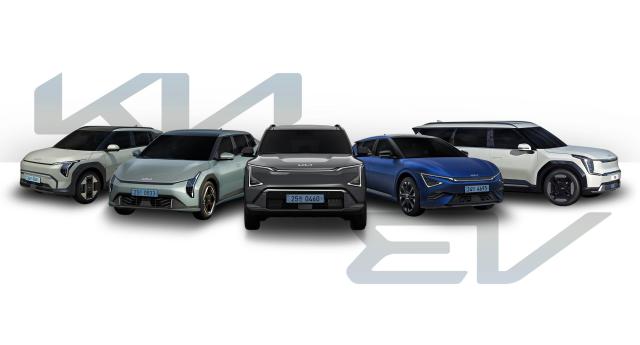 Kias electric vehicle lineup including the EV3 EV4 EV5 and EV9 is displayed together against the automakers Kia EV branding  Courtesy of Hyundai Motor Group