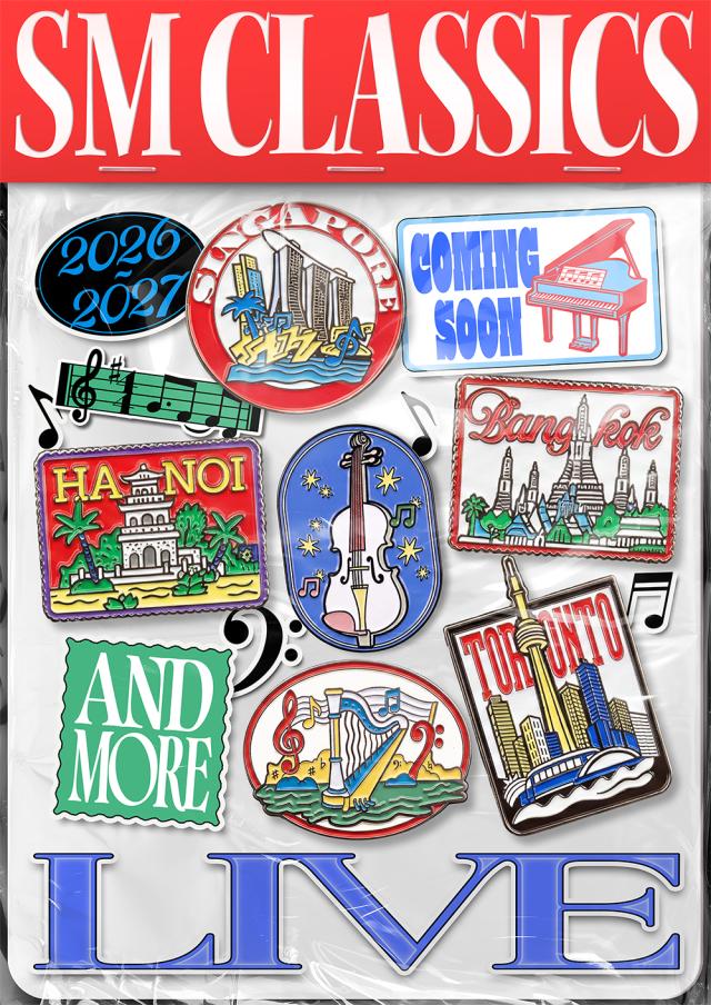 A poster for SM Classics Live 2026 to 2027 Season featuring travel sticker-style graphics for tour stops Singapore Bangkok Hanoi and Toronto Courtesy of SM Entertainment 