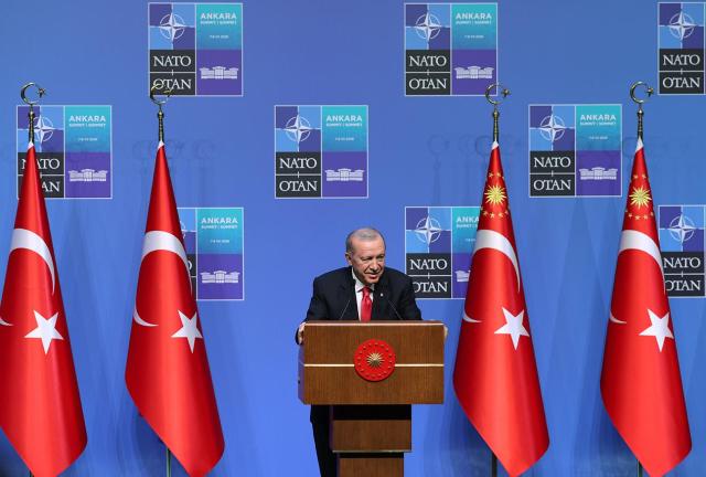 Turkish President Recep Tayyip Erdoğan speaks at an international press conference during the NATO Summit in Ankara Courtesy of the Turkish Presidential Press Office